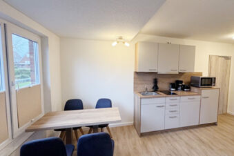 A kitchen with small sink, microwave, coffee makers, wooden table with four blue chairs and large window in Fewos Haus am W&auml;ldchen