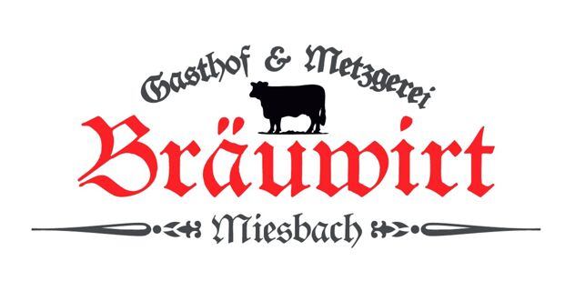 Логотип Gasthof Br&auml;uwirt Miesbach с черной коровой и традиционной надписью красного и черного цветов на белом фоне.