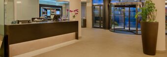 Reception area of NH Hotel Linate with a dark wooden desk, flower vase, large plant, and glass revolving door entrance