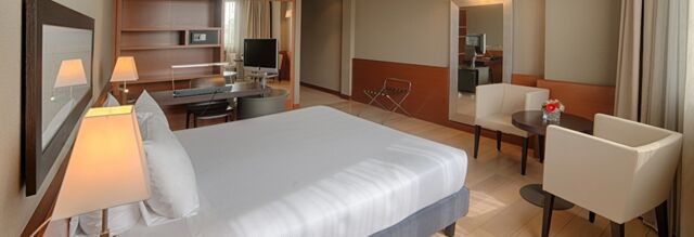 Hotel room at NH Hotel Linate with a large bed, two white chairs, a small round table with flowers, and a desk with a TV