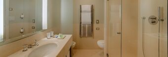 Bathroom in NH Hotel Linate with a large mirror, sink, countertop toiletries, towel rack, toilet, and glass shower enclosure