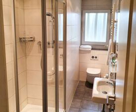 Kompaktes, modernes Badezimmer mit Dusche, Toilette und Waschbecken im Hotel Frisch, gut beleuchtet und funktional gestaltet.