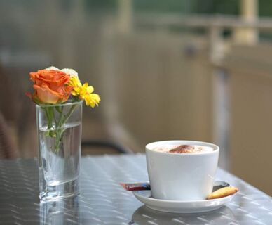 Ein Kaffeeservice mit einem Cappuccino und einem Keks auf einem Tisch, daneben eine Vase mit Blumen, im Hotel Frisch.