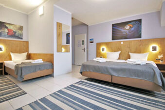 Hotel G&auml;stehaus Centro Albert GmbH room with two beds, grey bedspreads, pillows, striped rugs, and wall art of a parrot and red chair