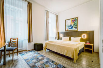 Hotel G&auml;stehaus Centro Albert GmbH room with double bed, two windows with curtains, a chair, table, and colorful floor rug