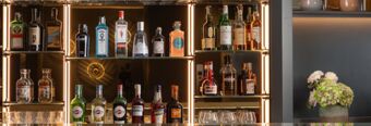 Bottles of various liquors and spirits displayed on illuminated shelves with glasses and a flower pot at NH Collection Roma Giustiniano