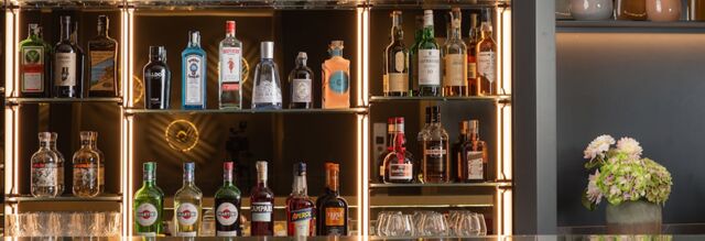 Bottles of various liquors and spirits displayed on illuminated shelves with glasses and a flower pot at NH Collection Roma Giustiniano