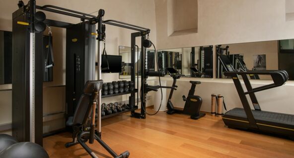 Gym area with exercise bike, treadmill, multi-use weight machine, dumbbells, kettlebells, and mirrors in Avani Avani Palazzo Moscova Milan Hotel