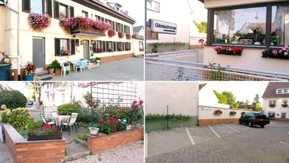 Au&szlig;enansichten der Pension Arnold mit Blumen an Fenstern, Sitzbereichen im Garten sowie Parkplatz mit einem Auto, alles hell und gepflegt.