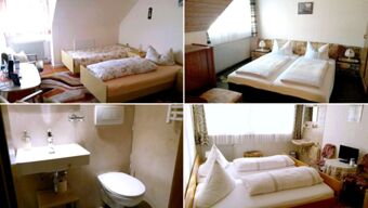 Verschiedene Zimmer und ein Badezimmer der Pension Arnold mit Einzel- und Doppelbetten sowie moderner Sanit&auml;ranlage, hell und gem&uuml;tlich.