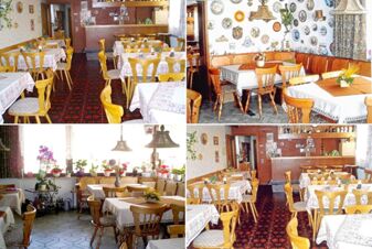 Innenansicht des gem&uuml;tlichen Restaurants der Pension Arnold mit Holzm&ouml;beln, dekorativen Tischdecken und blumiger Dekoration.