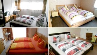 Vier verschiedene Doppelzimmer mit unterschiedlicher Bettw&auml;sche und M&ouml;beln in der Pension Arnold mit Tageslicht und schlichter Ausstattung.