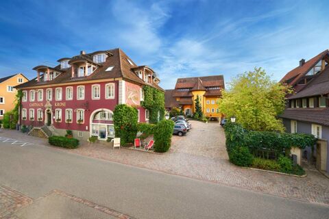 Red and yellow buildings with parked cars and greenery surround Landhotel Krone under a partly cloudy blue sky