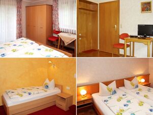 Bedroom collage at Pension Graml Fr&uuml;hst&uuml;ckspension showing beds with floral bedding, wooden furniture, and red chairs near a window and TV