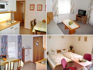 Four interior views of Pension Graml Fr&uuml;hst&uuml;ckspension showing a kitchen with dining table, a living room with TV, and a bedroom with twin beds and floral bedding