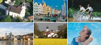 Aerial view of a church and buildings, colorful houses, couple biking through water, riverside town, church behind yellow field, and woman relaxing in pool at Pension Graml Fr&uuml;hst&uuml;ckspension