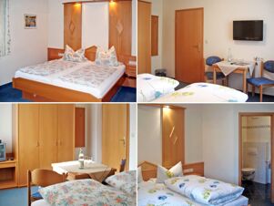Four views of a room at Pension Graml Fr&uuml;hst&uuml;ckspension with beds, wooden furniture, a small table with chairs, and a bathroom visible in one image