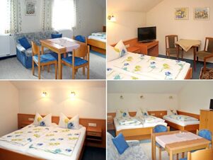 Four views of rooms at Pension Graml Fr&uuml;hst&uuml;ckspension showing beds with flower-patterned bedding, wooden furniture, and seating areas with blue upholstery