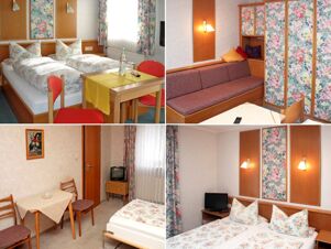Four images showing floral-themed rooms with beds, tables, chairs, a couch, TV, and curtains at Pension Graml Fr&uuml;hst&uuml;ckspension