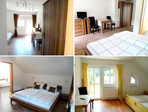 Four views of bright hotel rooms with wooden floors, beds, tables, chairs, and curtains at Hotel Restaurant Pension Weiherm&uuml;hle