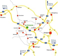 &Uuml;bersichtskarte der Region rund um Rutesheim mit Stra&szlig;enverbindungen zu St&auml;dten wie Stuttgart und Leonberg, relevant f&uuml;r Hotel R&ouml;ssle G&auml;ste.