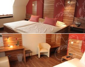 Modern eingerichtetes Doppelzimmer im Hotel R&ouml;ssle mit zwei Einzelbetten, Holzm&ouml;beln und gem&uuml;tlichem Sitzbereich bei Tageslicht.