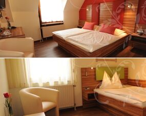 Zwei Bilder von gem&uuml;tlichen G&auml;stezimmern im Hotel R&ouml;ssle mit Holzm&ouml;beln, Betten und wei&szlig;en Sesseln bei Tageslicht.