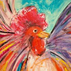 Bright red rooster head with multicolored wings and feathers against a blue background painting at Hotel Hahnen