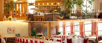 Interior view of Landgasthof Hirsch Dapfen with a bar area and a large dining room set with red chairs and white tablecloths