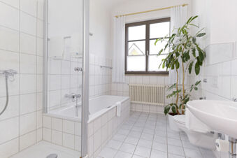 White tiled bathroom with shower, bathtub, sink, toilet, large window, and a tall green plant at Lodner&acute;s Genie&szlig;erhotel & Hotel Drei Mohren
