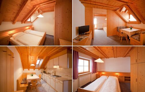 Уютен ваканционен апартамент с тавани с дървени греди и рустикално обзавеждане във ваканционните апартаменти на фермата Lexmairhof, състоящ се от две спални, кухненски бокс и трапезария.