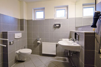 A clean bathroom in Hotel zur Sonne with grey tiles, a wall-mounted toilet, white sink, two small windows, and a hairdryer