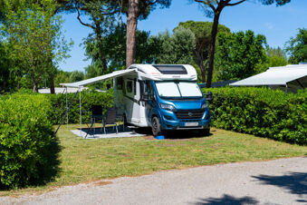 Blue and white camper van with open awning, two chairs, and a table parked on grass at Adriano Family Collection campground surrounded by green trees