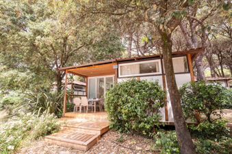 Small wooden cabin with a covered porch, table and chairs surrounded by trees and plants at Jesolo Family Resort