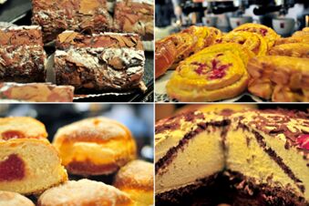 Close-up of various desserts including chocolate cake, fruit pastries, jelly-filled doughnuts and cream cake at Akzent Hotel Stadt Schl&uuml;chtern