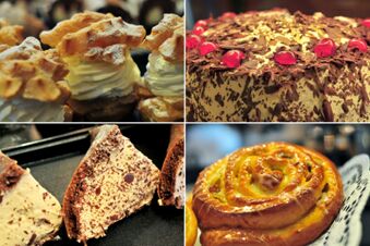 Selection of cream-filled pastries and chocolate decorated cake with cherries served at Akzent Hotel Stadt Schl&uuml;chtern