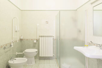 Modern bathroom with toilet, bidet, frosted glass shower, white sink, and safety bars at B&B Hotel Pescara