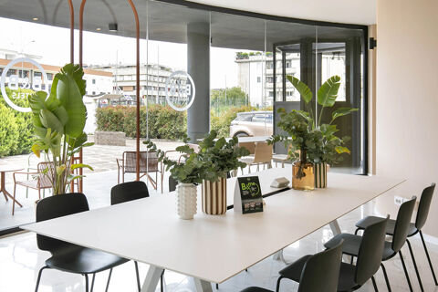 Bright meeting room with black chairs, a white table, plants in vases, and glass walls at B&B Hotel Latina