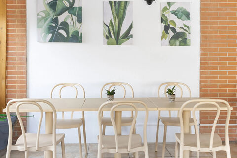 Minimalist dining area with six beige chairs around tables, two small potted plants, and three botanical paintings at B&B Hotel Pomezia Cortese