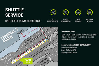 Shuttle service information for B&B Hotel Roma Fiumicino Aeroporto Fiera showing ride time, cost, and departure schedule at Terminal 3 Arrivi