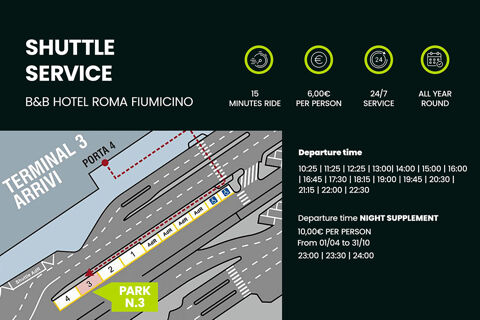 Shuttle service information for B&B Hotel Roma Fiumicino Aeroporto Fiera showing ride time, cost, and departure schedule at Terminal 3 Arrivi