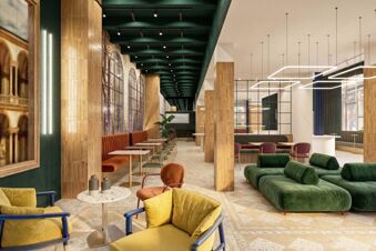 Interior of B&B Hotel Milano Duomo Velasca with green velvet sofas, yellow and orange chairs, tables, wooden columns, and modern ceiling lights