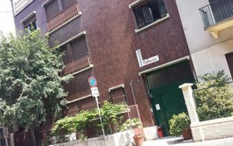 Brown building facade with green entrance door and plants outside the building near the Hostel Colours sign on the wall
