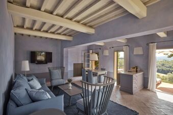 Living area with pastel blue walls, wooden ceiling beams, couch, chairs, TV, and doors opening to a terrace at Podere San Filippo