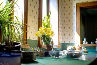 Innenansicht mit Tischdekoration, gelben Blumen und Geschirr vor Fenstern im gem&uuml;tlichen Ambiente von Sandgut Mihla Gasthof und Hotel.