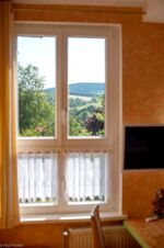 Blick aus einem Zimmerfenster mit Vorh&auml;ngen auf gr&uuml;ne H&uuml;gel und B&auml;ume, im Sandgut Mihla Gasthof und Hotel.