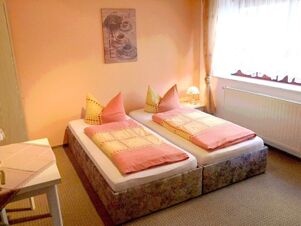 Twin beds with pink and yellow bedding in a carpeted room at Hotel Zu den Schildb&uuml;rgern with a small table and window light