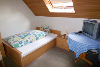 Single bed with patterned bedding, wooden nightstand with lamp, TV on table with blue cover under skylight window at Pension Haus Wiehenperle