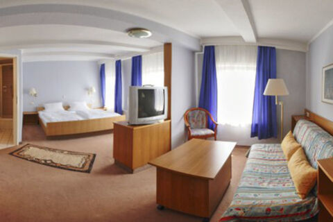 Hotel Restaurant Illemann room with double bed, wooden furniture, old CRT TV, blue curtains, sofa, armchair, and floor lamp