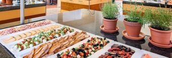 A buffet table at NH Hotel M&uuml;nchen Dornach featuring trays of sliced meats, vegetable skewers, breaded meat, salads, and potted herbs